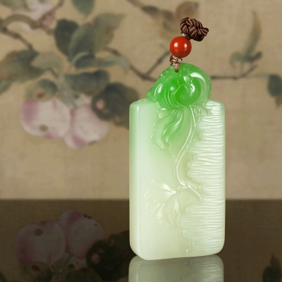 翠青玉玉牌《一枝独秀》殷小金作品