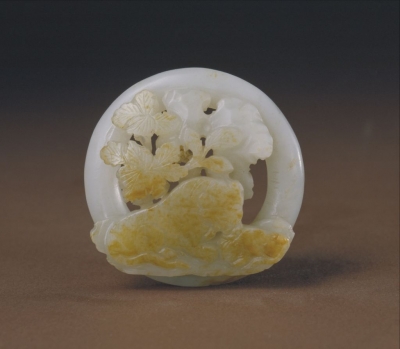 宋代玉器　白玉镂雕双虎环佩