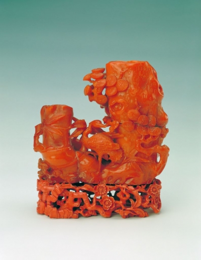 清代玉器蜜蜡鹤鹿同春双孔花插