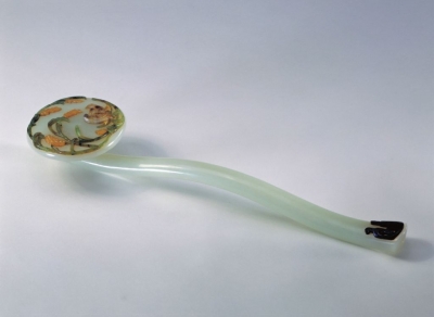 清代玉器白玉嵌彩石鹌鹑如意
