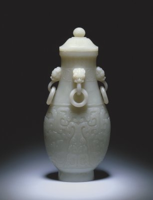 清代玉器青玉四耳活环夔纹壶