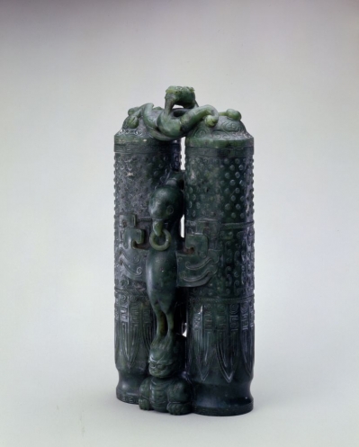 清代玉器　碧玉双孔瓶