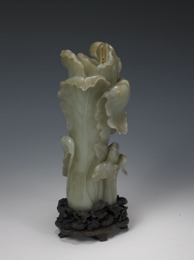 清代玉器　青玉白菜花插