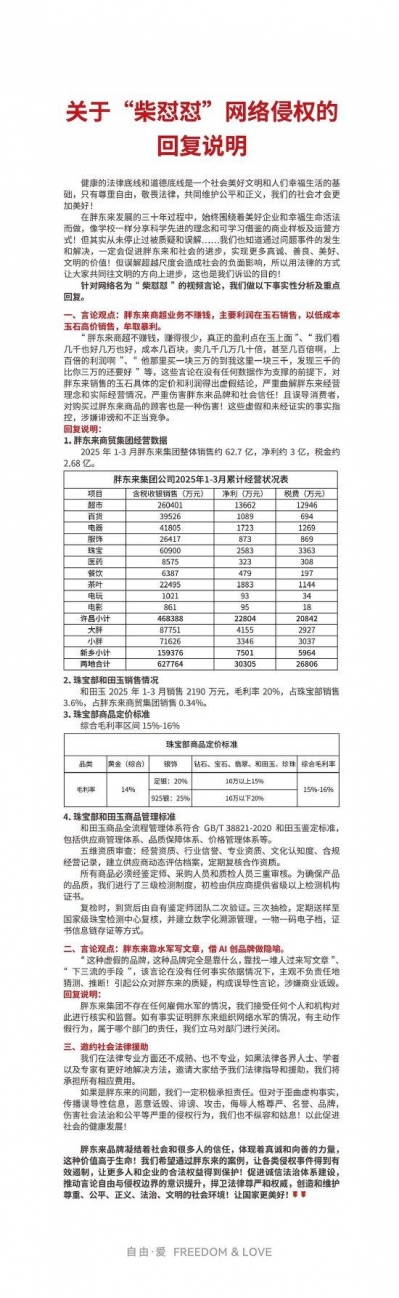 胖东来深夜发文回应玉石业务暴利：1-3 月和田玉收入仅占集团销售的0.34%