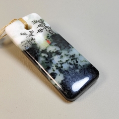 独山玉金粉字画山水之乐玉方牌手把件107