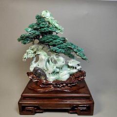 独山玉天蓝精品摆件松鹤延年迎客松仙鹤