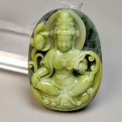独山玉鸡油黄俏色巧雕莲花观音菩萨
